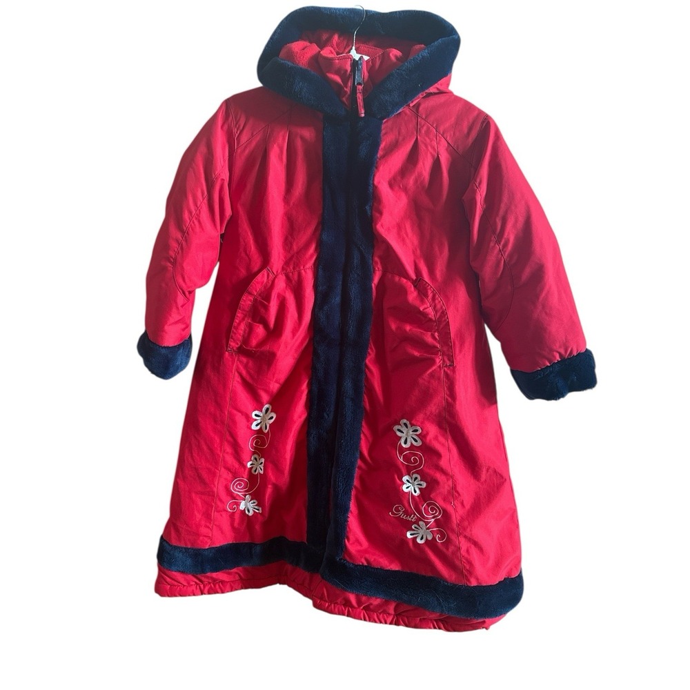 Gusti Red Alpine Woman's Sz 8 Winter Coat Floral Embroidery Fleece Lining Hood